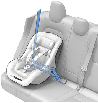 A child safety seat buckled into a passenger seat using the vehicle's seat belt.