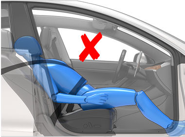 a person reclining the seat while the car is in motion and a red x