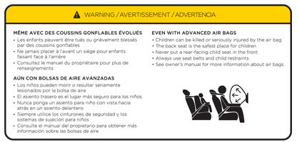 Airbag warning label located on the sun visor that depicts a child seated in the second row and a passenger with a deployed air bag seated in the first row