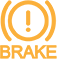 Amber exclamation point within an amber circle with the word BRAKE underneath