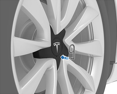 Arrow pointing from the lug nut tool to the hole on the lug nut cover