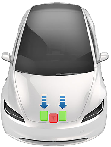 Arrows pointing to two green boxes on either side of the center front edge of the front hood. A red box on the center front edge of the hood.