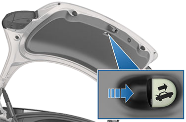 Button with icon of car with trunk open and a blue arrow pointing left