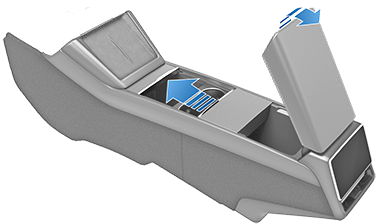 Center console with one arrow showing how to slide compartment door and another arrow showing how to lift arm rest to reveal compartments