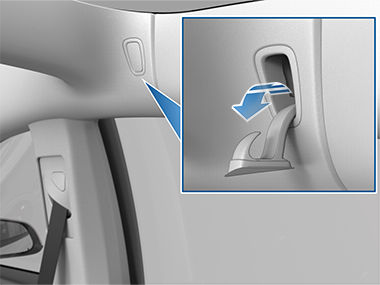 Coat hanger above rear window with arrow pointing outwards