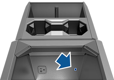 Front console with front compartment open, revealing a USB-C port (highlighted) and a low voltage power outlet on rear wall of compartment