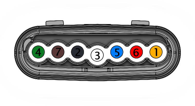Image showing the built-in seven-way wiring connector and a callout to each terminal.