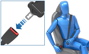 Person putting on seat belt with a zoombox showing an arrow from the latch plate to the buckle