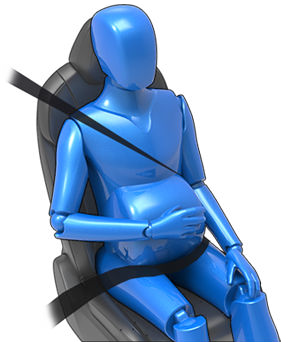 Pregnant woman with seat belt positioned between breasts and to the side of abdomen