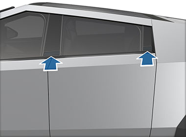 Side view of the vehicle with arrows pointing to the exterior door buttons