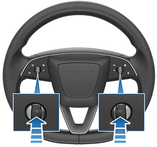 Steering wheel with zoombox of up arrows pointing at the left and right scroll buttons.