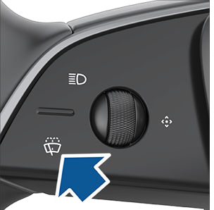 The left side of the steering wheel with an arrow pointing to the wiper button