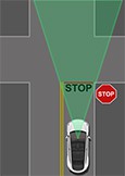 Vehicle approaching a four way intersection and stops at the stop sign and road marking