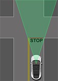 Vehicle approaching a four way intersection and stops at a road marking