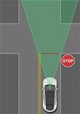 Vehicle approaching a four way intersection and stops at the stop sign